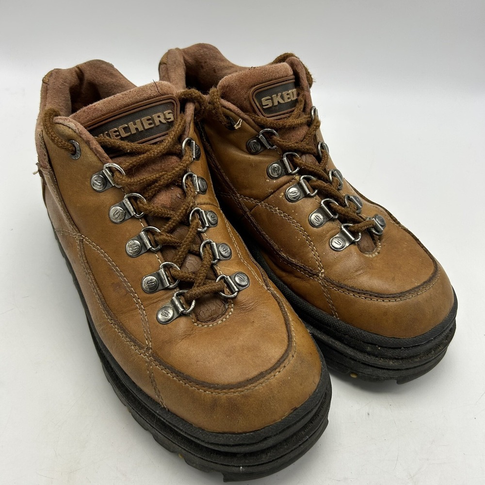 Skechers Boots Women 8 Lug Sole Light Brown Leather Lace Hipster Y2K Read